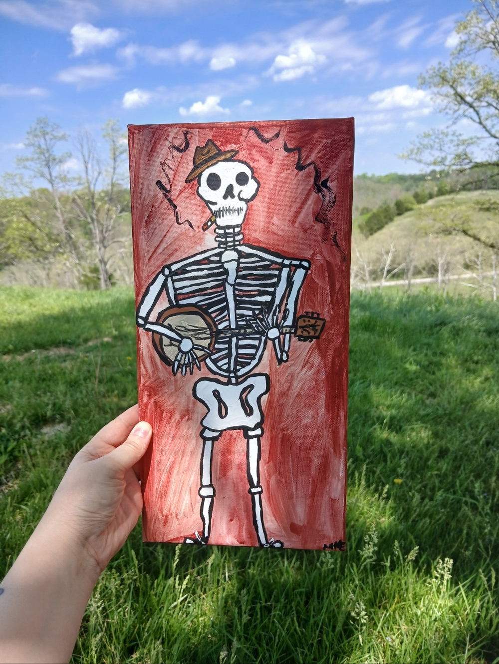 Skeleton Playing Banjo Painting Folk Art